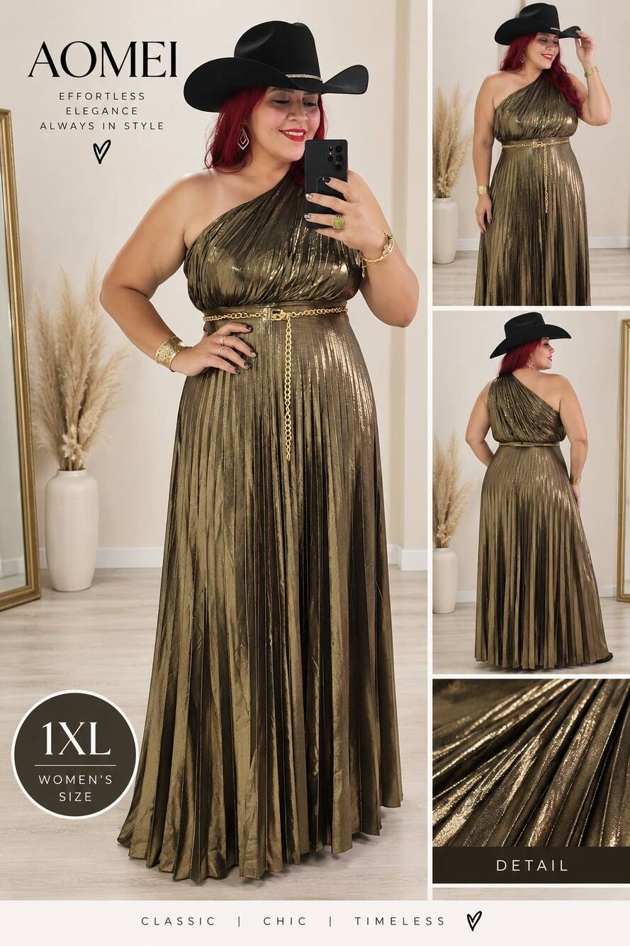 AOMEI Women’s 1XL Bronze Gold Metallic Pleated One Shoulder Maxi Dress